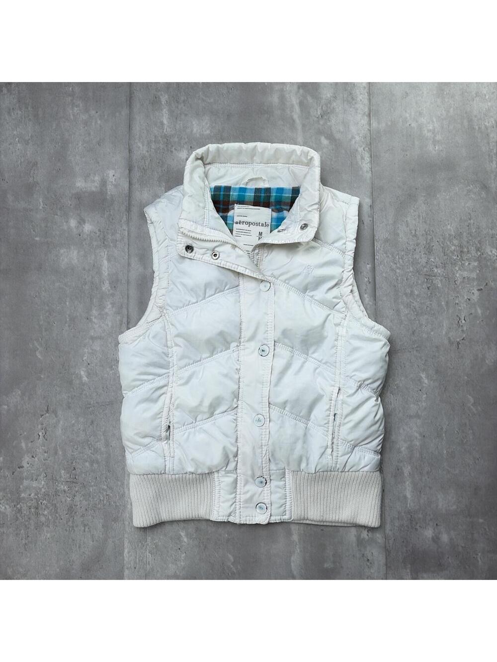 Y2K White Aeropostale Grunge Plaid Lined Puffer Vest